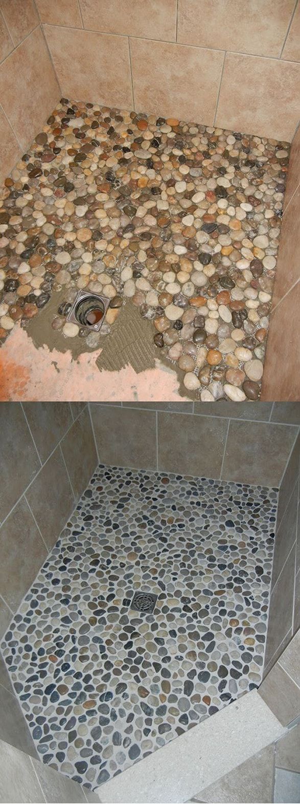 Before and after of a pebble-tiled shower floor. The top shows a damaged floor; the bottom shows a repaired floor.