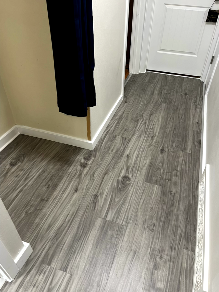 Gray wood-look flooring in a hallway with a closet to the left and a white door ahead.