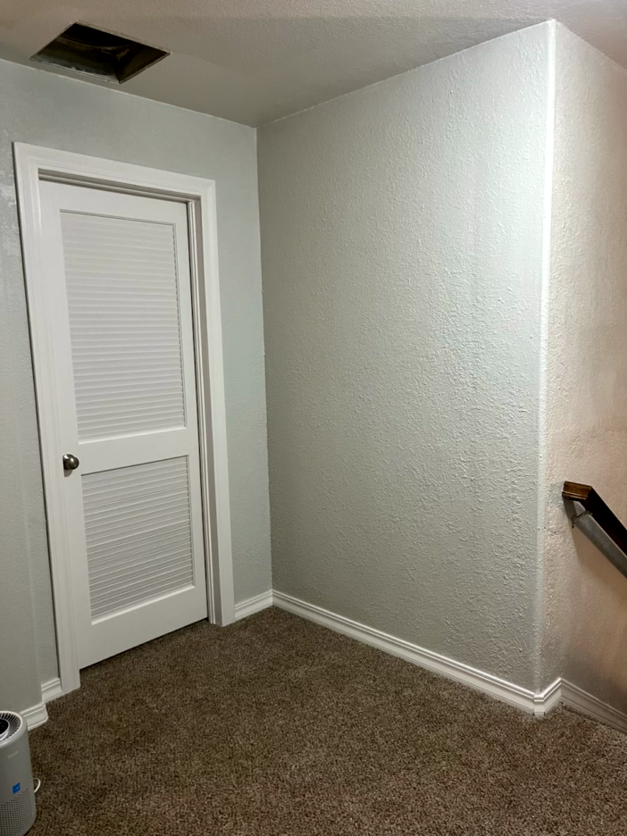 A small interior room with a closed white door, textured wall, and brown carpet.