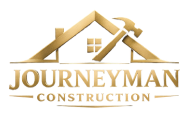 Gold logo: House outline with a hammer, text