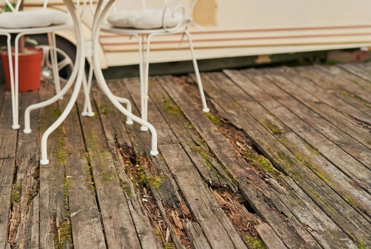Weathered wooden deck with extensive rot, table, and chairs. A trailer is in the background.