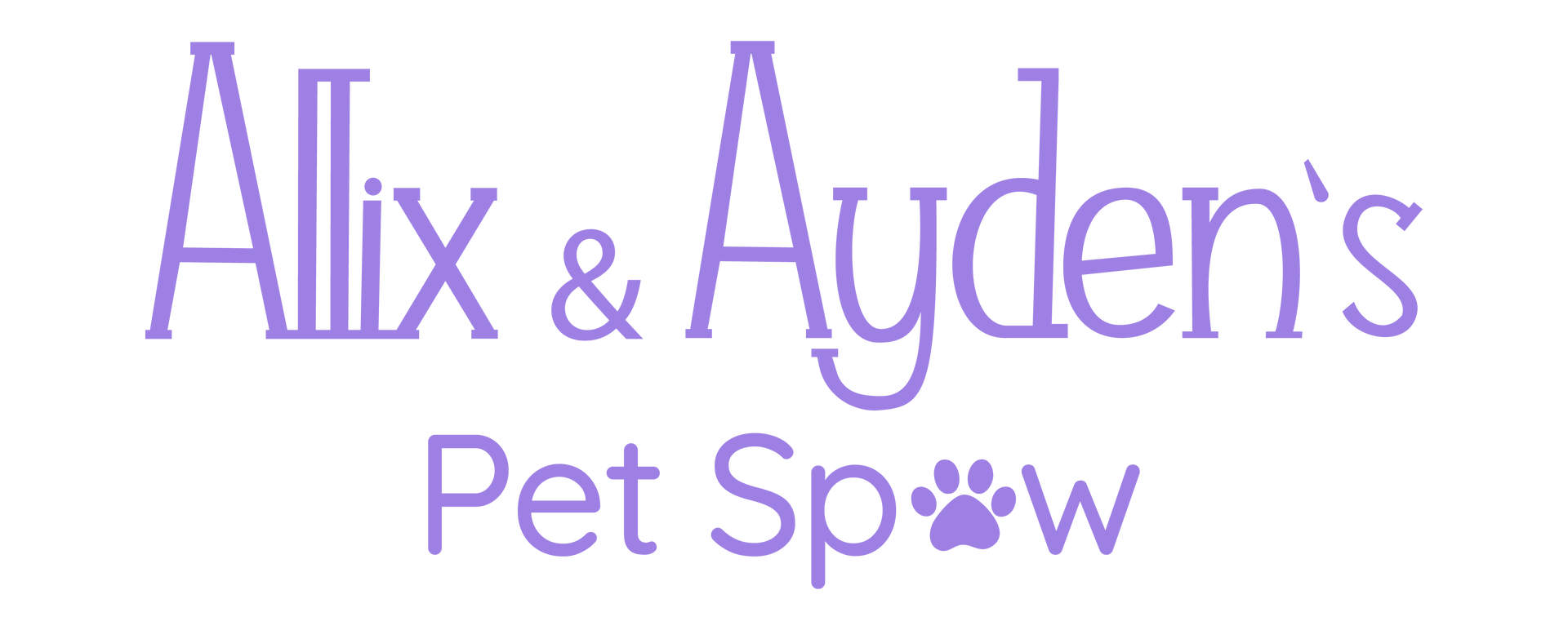 A purple logo for alex and ayden 's pet spaw