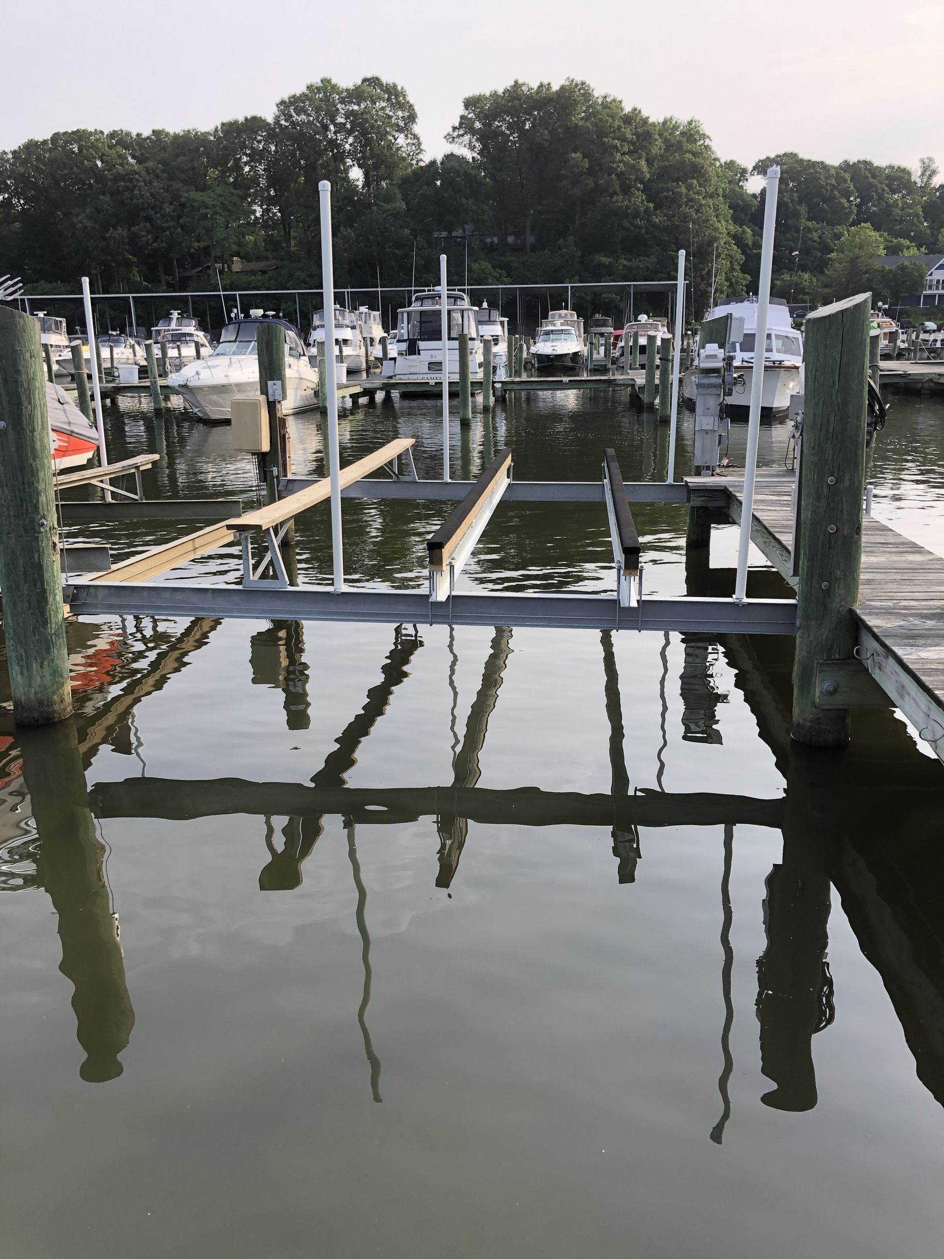 Boats are docked at a marina with trees in the background