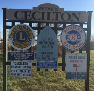 Sign welcoming visitors to Cecilton, Maryland, with logos for local organizations and churches. Sign welcoming visitors to Cecilton, Maryland, with logos for local organizations and churches.