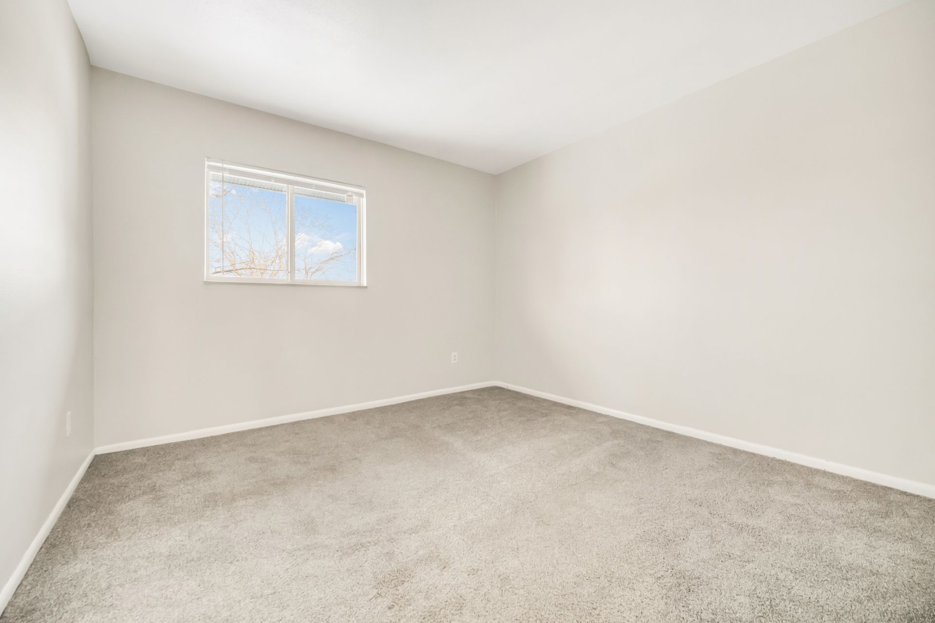 An empty bedroom with a window and carpet.