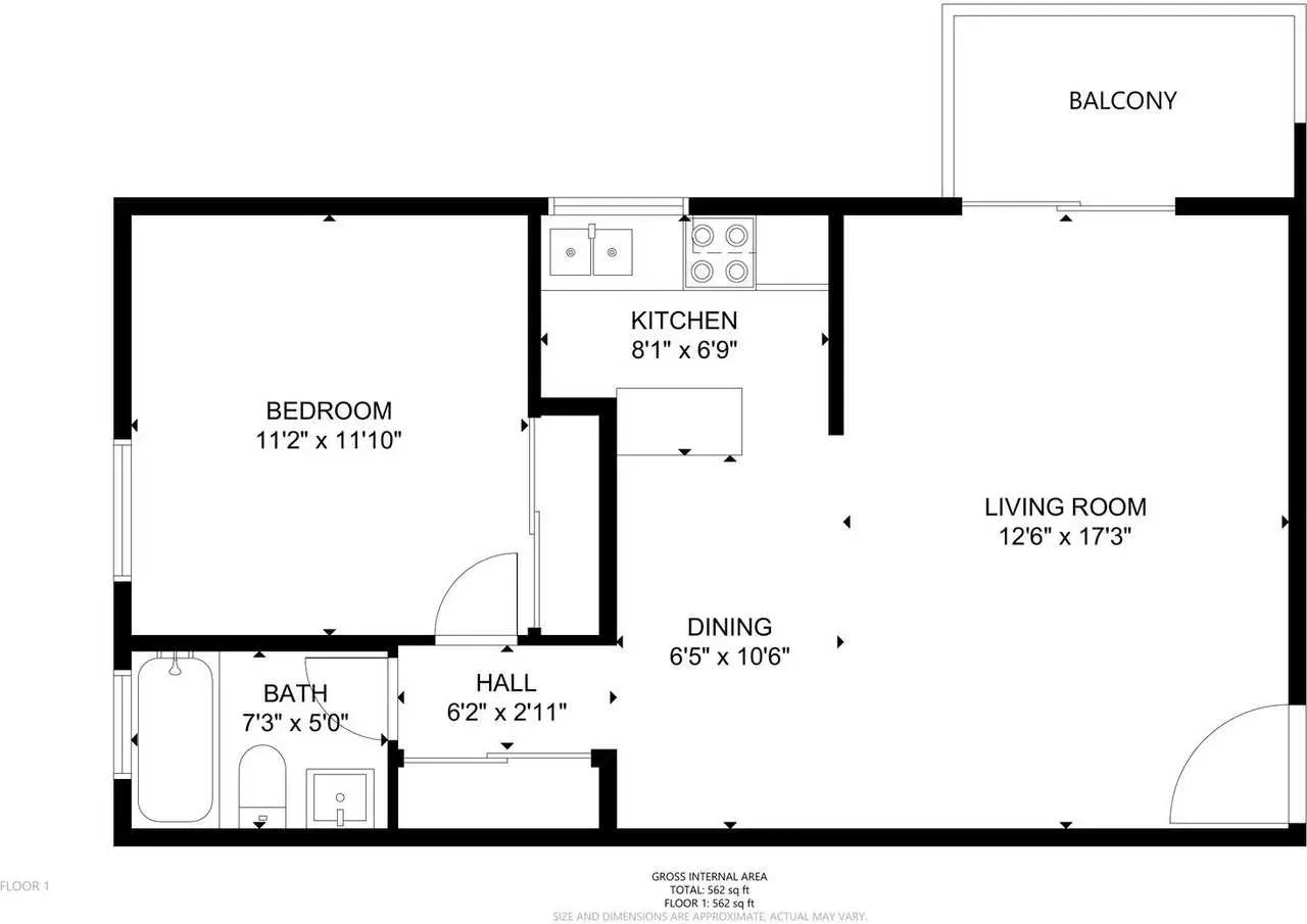 Floor Plan: 1 Bed · 1 Bath