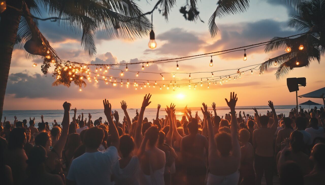 Imagem ilustrativa de uma festa na praia, simbolizando um dos tipos de eventos em Morro de São Paulo