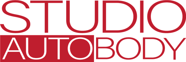 Studio Autobody logo with white text on a red background. "STUDIO" is above "AUTOBODY".