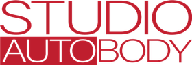 Studio Autobody logo with white text on a red background. "STUDIO" is above "AUTOBODY".