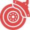 A red and white icon of a brake disc on a white background.