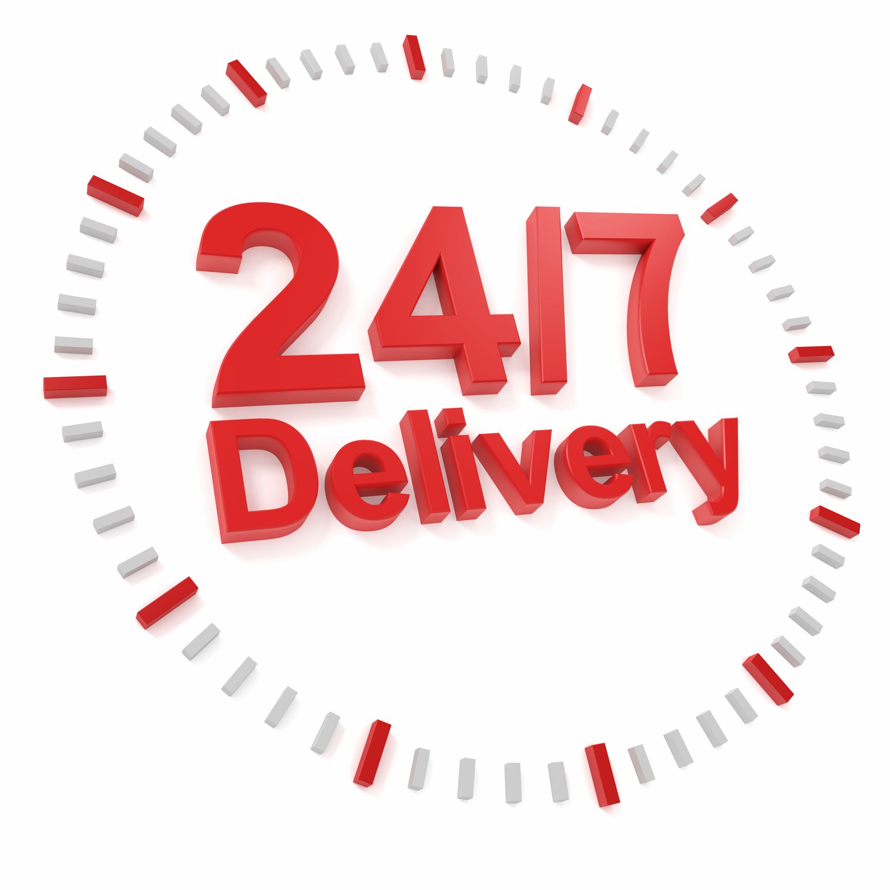 A clock with the words 24/7 delivery on it