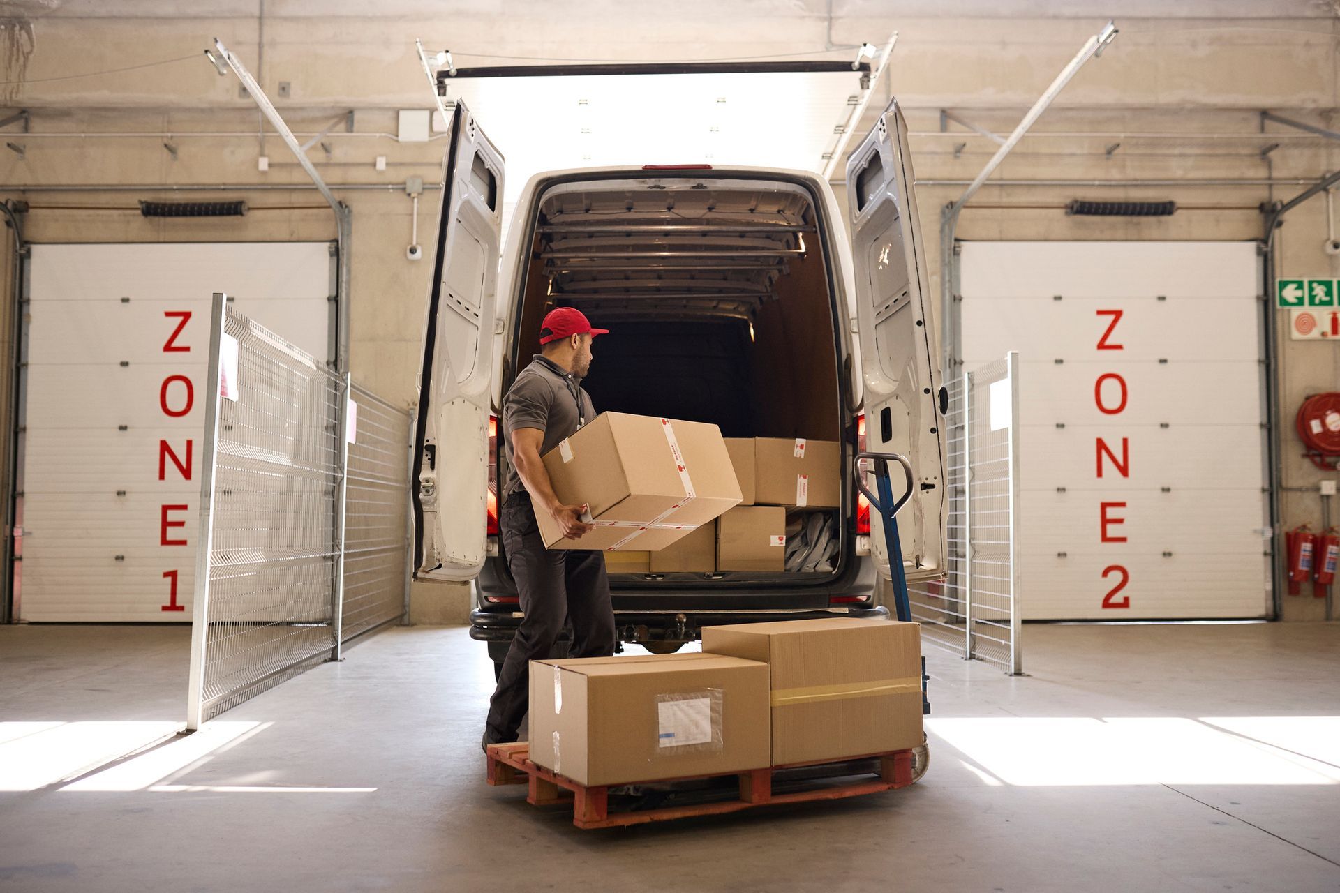 A man is loading boxes into a van in a warehouse.