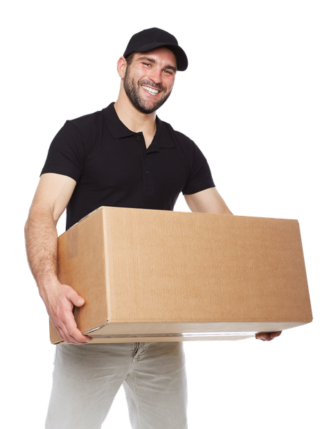 A man in a black shirt is holding a cardboard box.