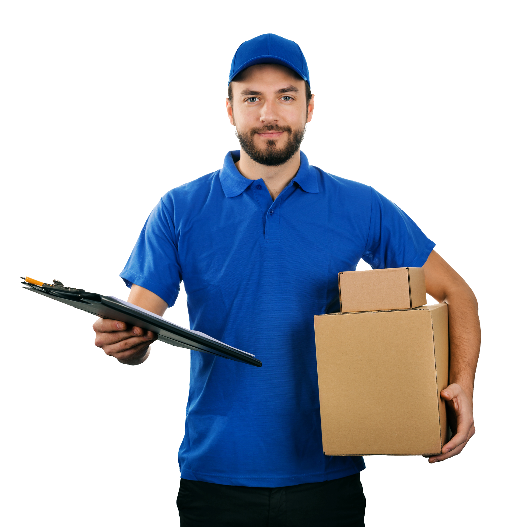 A delivery man in a blue shirt is holding a clipboard and a cardboard box