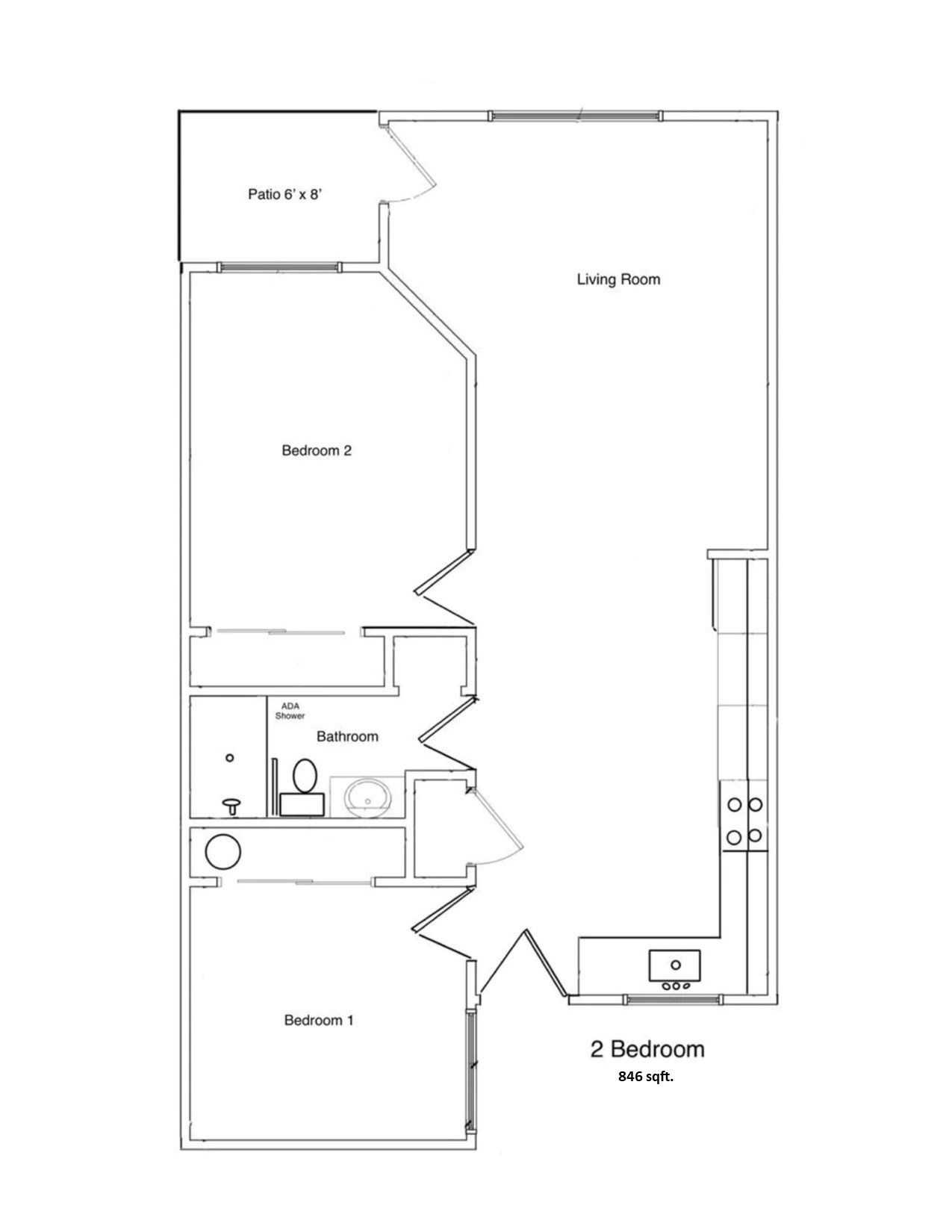 2 Bed 1 Bath Handicap Accessible Floorplan