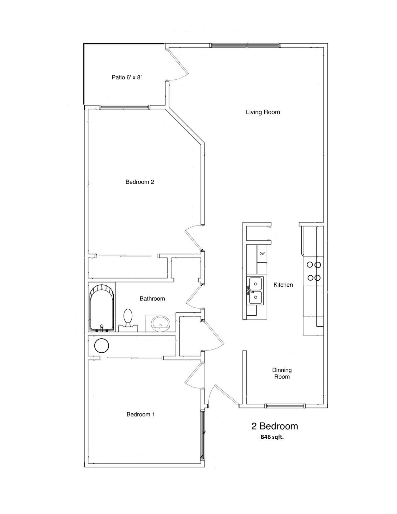 2 Bed 1 Bath Floorplan