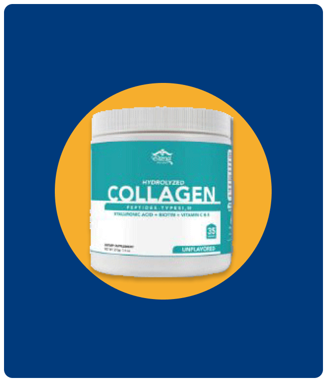 A jar of collagen powder on a blue and yellow background