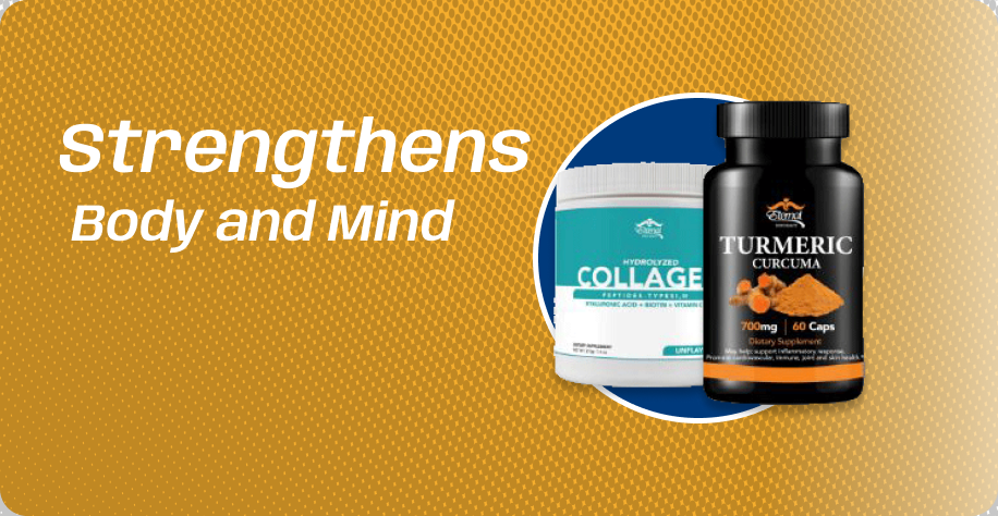 A bottle of turmeric and a bottle of collagen are on a yellow background.