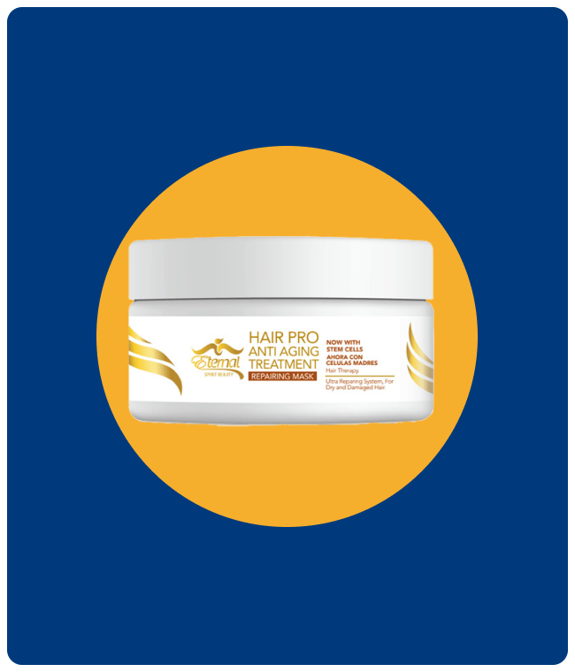 A jar of hair pro anti aging treatment on a blue and yellow background