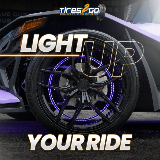 Purple car wheel with purple LED lights glowing, text reads 