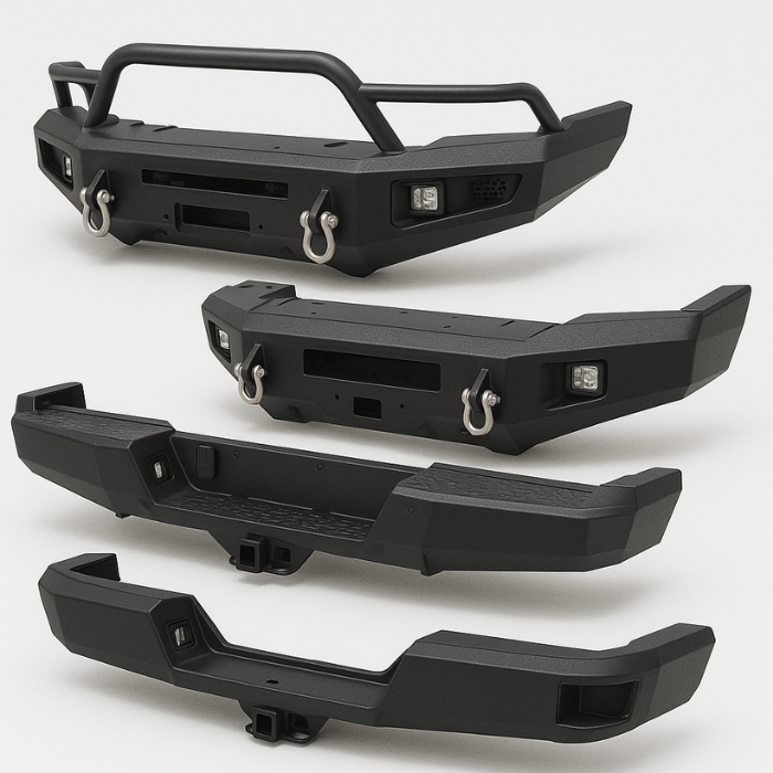 Four black truck bumpers with tow hooks and light cutouts.