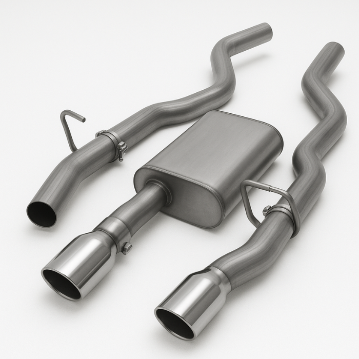Exhaust system kit with a muffler and two tailpipes, all stainless steel, on a white background.