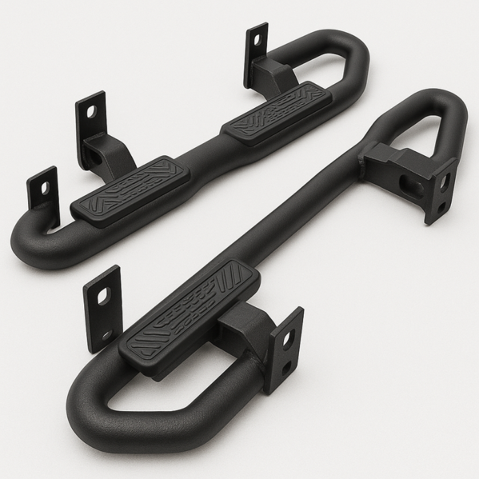 Pair of black, textured steel truck side steps with mounting brackets.