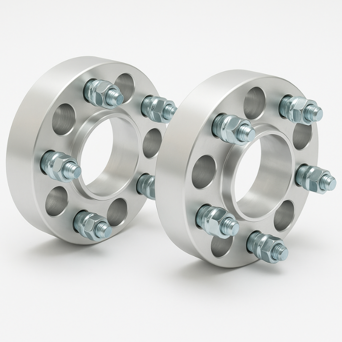 Two silver wheel spacers with bolts, on a white surface.