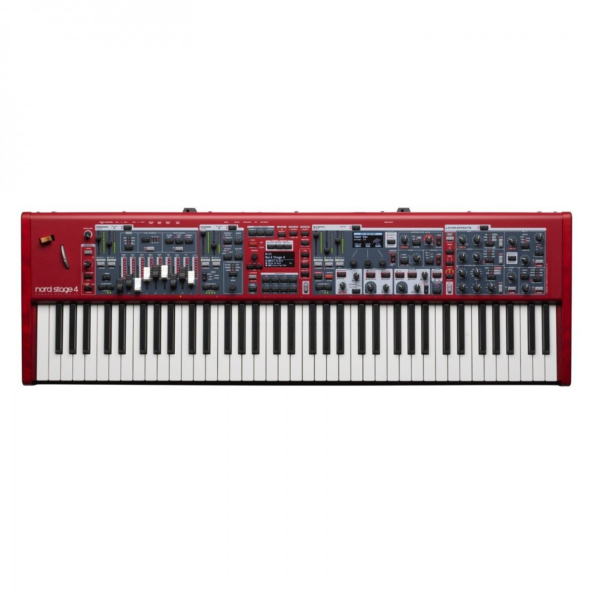 Nord Stage 4 synthesizer keyboard with numerous knobs and buttons.