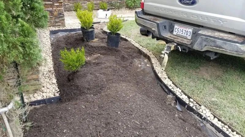 Landscaped area with plants and mulch, bordered by stone and a truck's bumper.