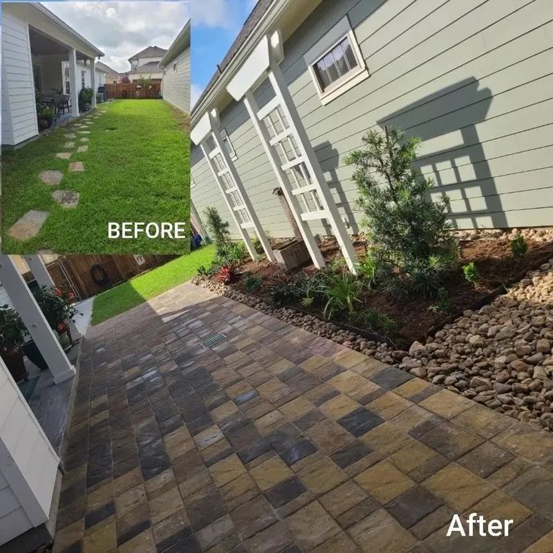 Before and after landscaping: a path of pavers replaces stepping stones and grass, with new garden beds.