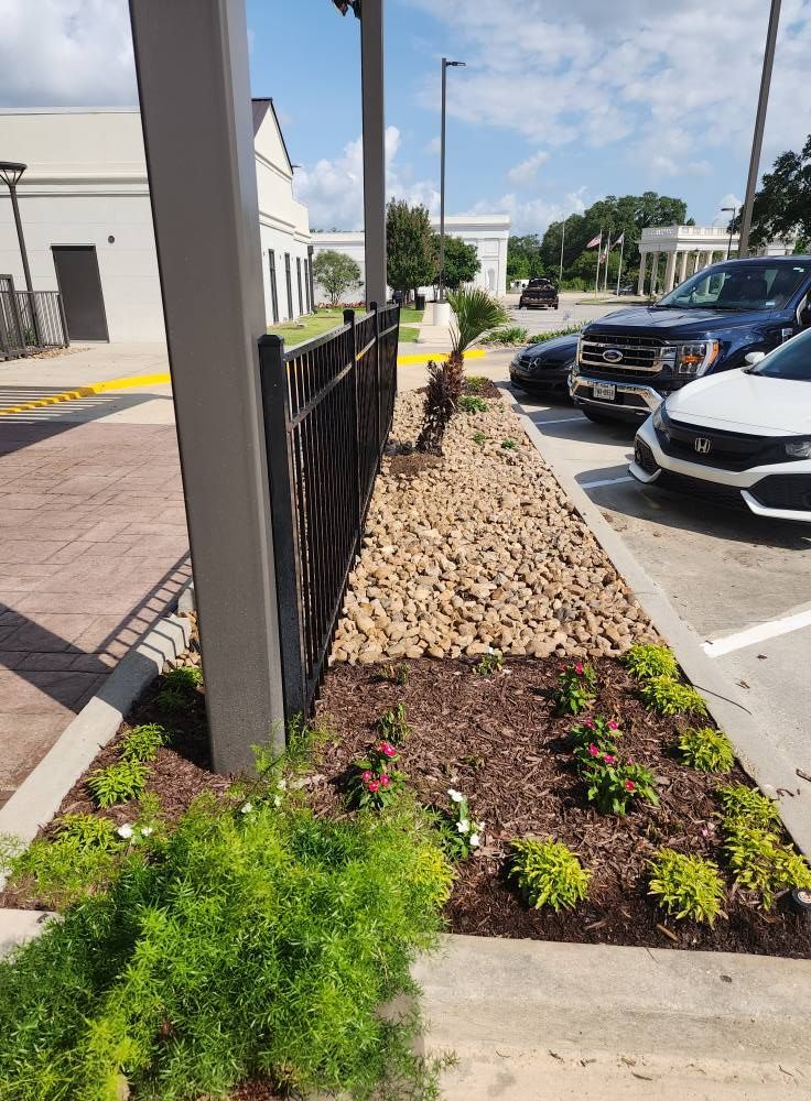 Landscaped area with rocks, small plants, and a black metal fence, next to a parking lot and building.