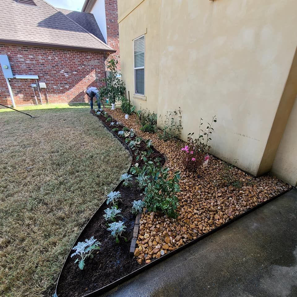A garden bed with various plants and rocks next to a building. A person is tending to the plants.