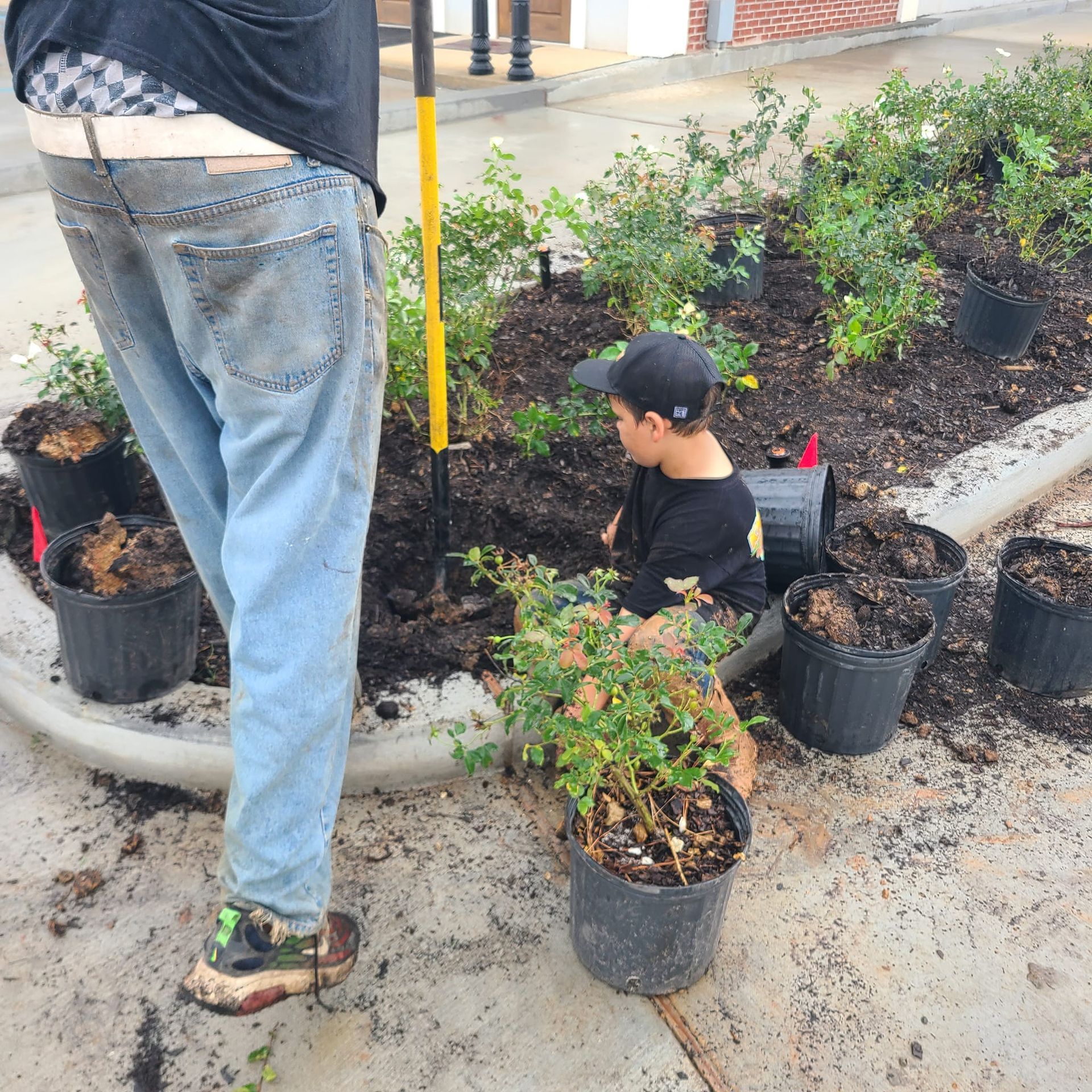 Person and child planting flowers in a garden bed, pots nearby, sunny day.