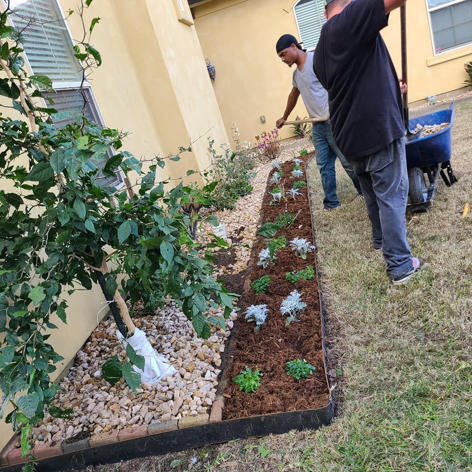 Two people landscaping a flower bed next to a house. One is using a wheelbarrow. Green plants and mulch are visible.