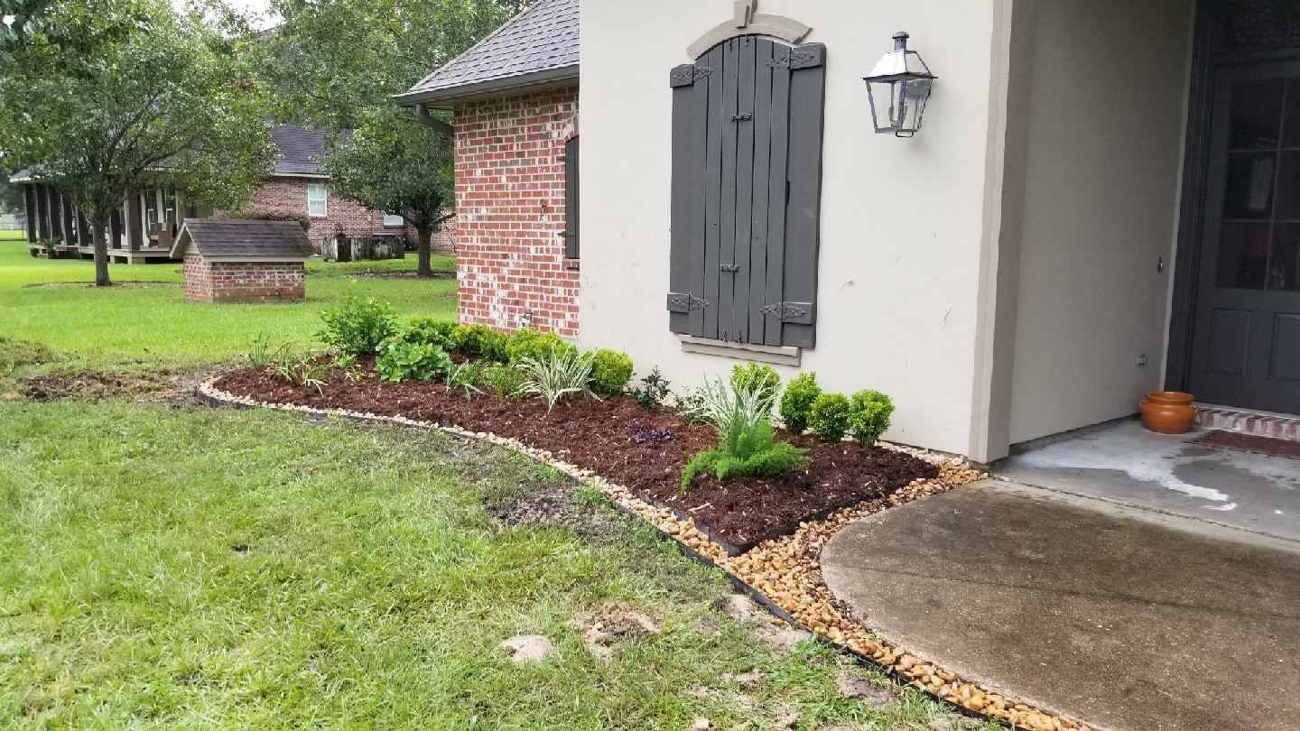 A house with a flower bed of mulch and shrubbery, stone pathway, and a grassy yard.