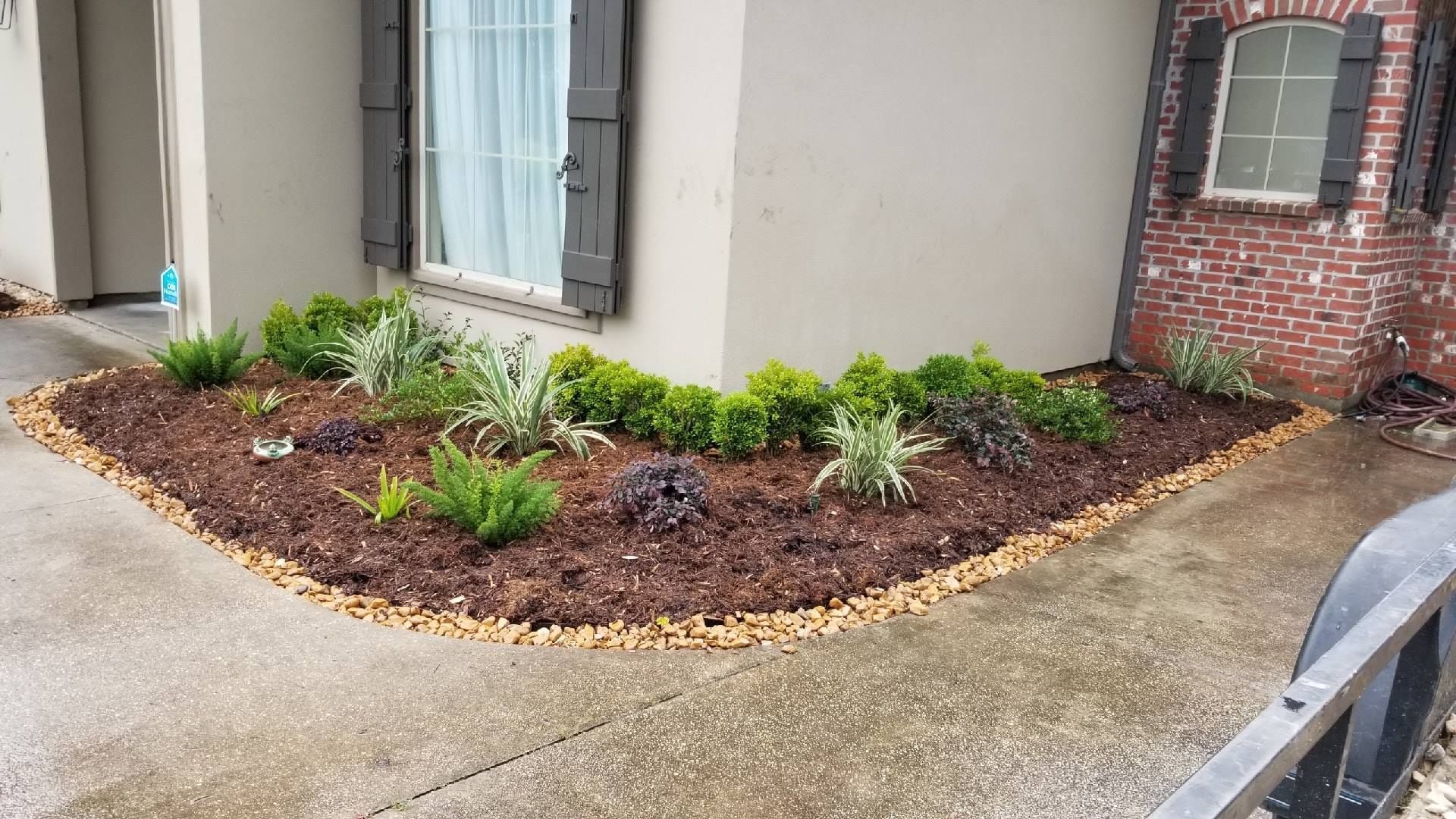 Landscaped corner bed with dark mulch, various green plants, and tan border stones.