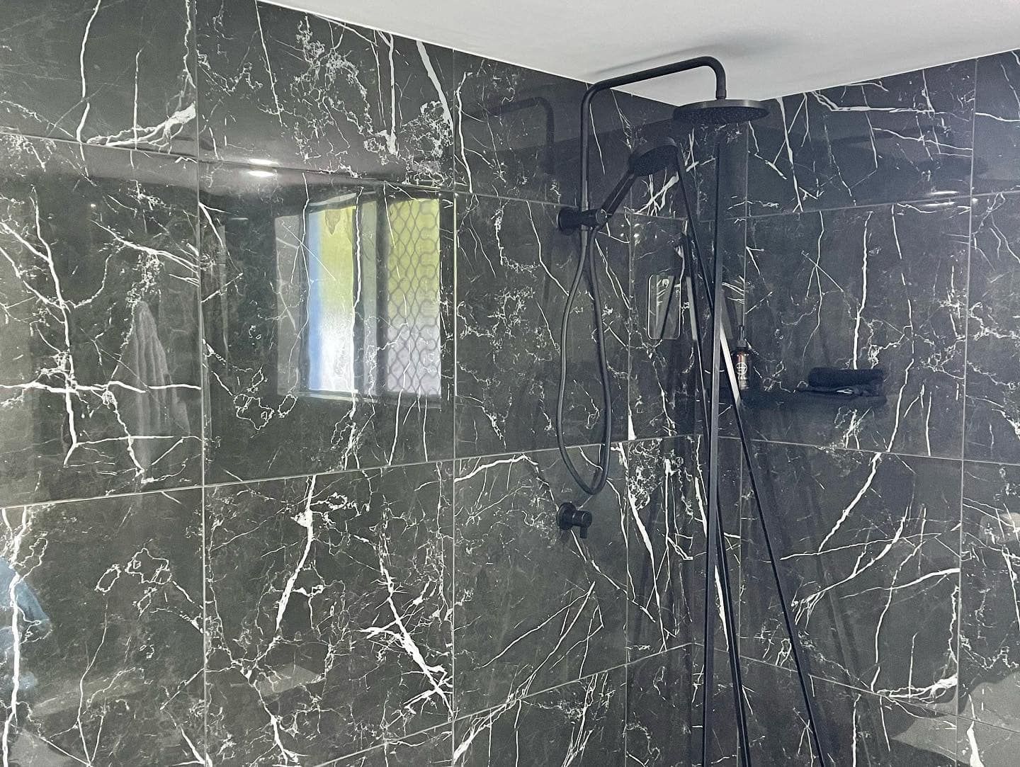 Black and White Marble Tiled Shower — Moore Park Beach Glass & Security in Moore Park Beach, QLD