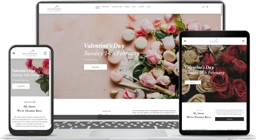 A laptop , tablet , and phone are displaying a website.
