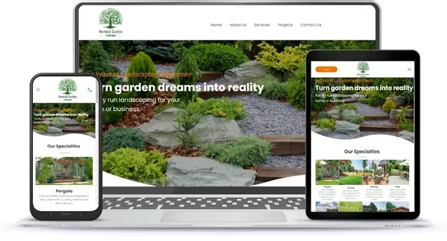 A laptop , tablet , and phone are displaying a garden website.