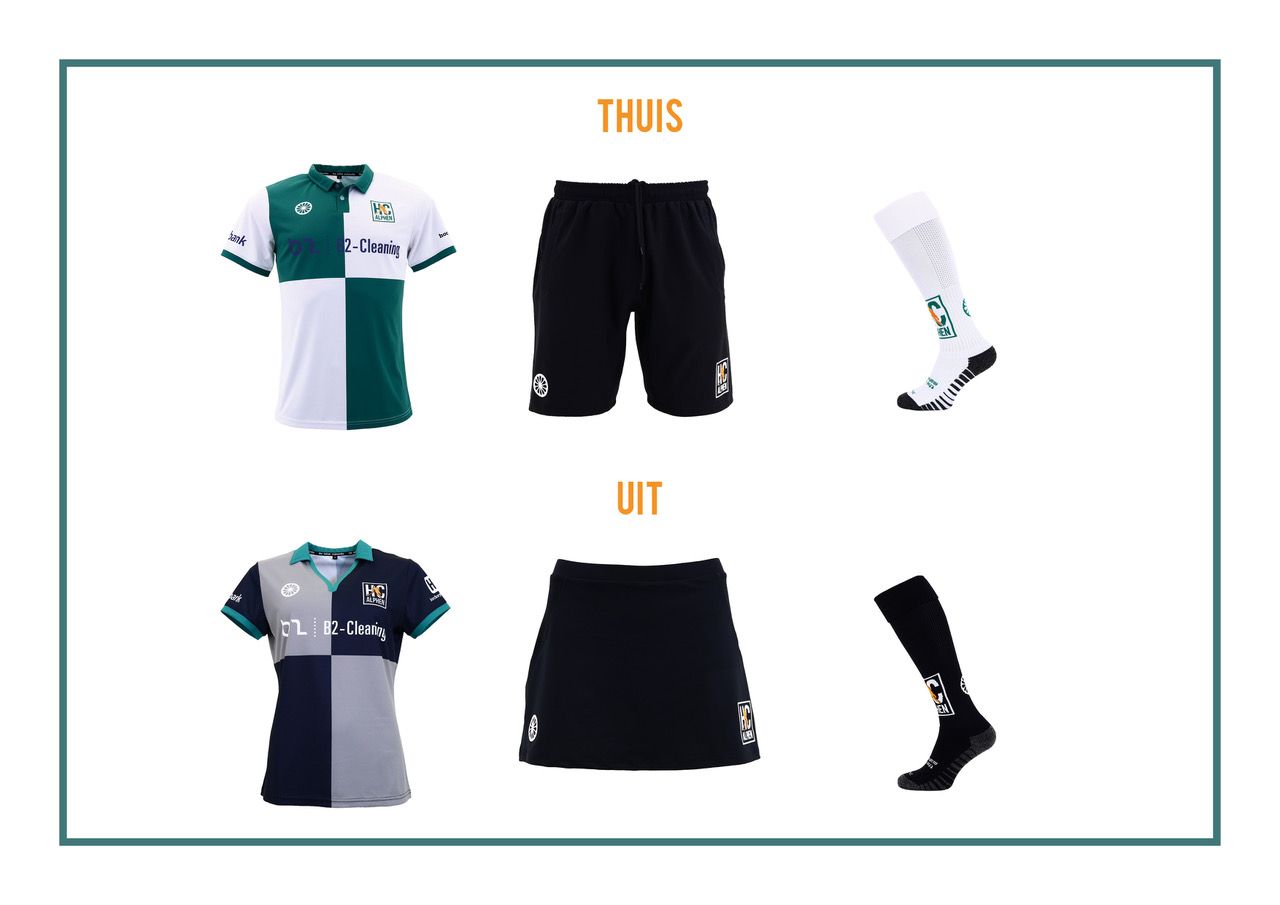 HCA Tenue: thuis wit-groen shirt en witte sokken, uit zwart-grijs shirt met zwarte sokken. In beide gevallen een zwarte rok/short