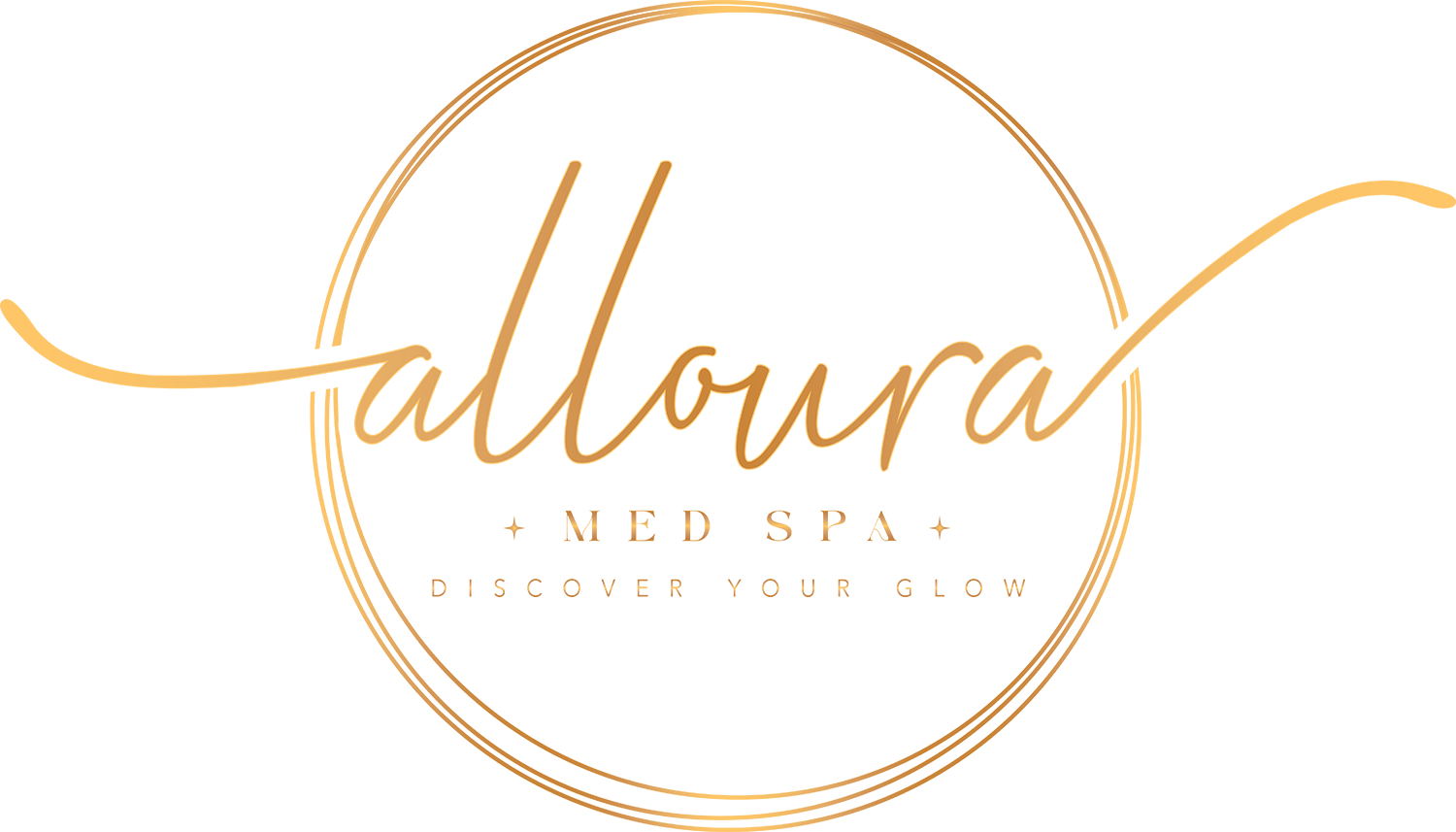 Gold circular logo reading &ldquo;alloura med spa&rdquo; with thin flowing lines on a white background