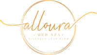 Gold circular logo reading &ldquo;alloura med spa&rdquo; with thin flowing lines on a white background