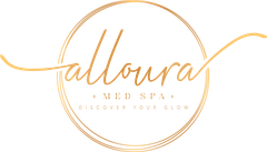 Gold circular logo reading “alloura med spa” with thin flowing lines on a white background