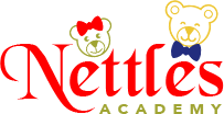 a logo for nettles academy with a teddy bear wearing a bow tie