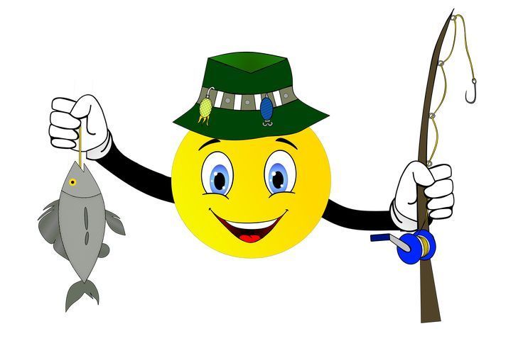 Smiling yellow face in a green hat holding a fish and a fishing rod