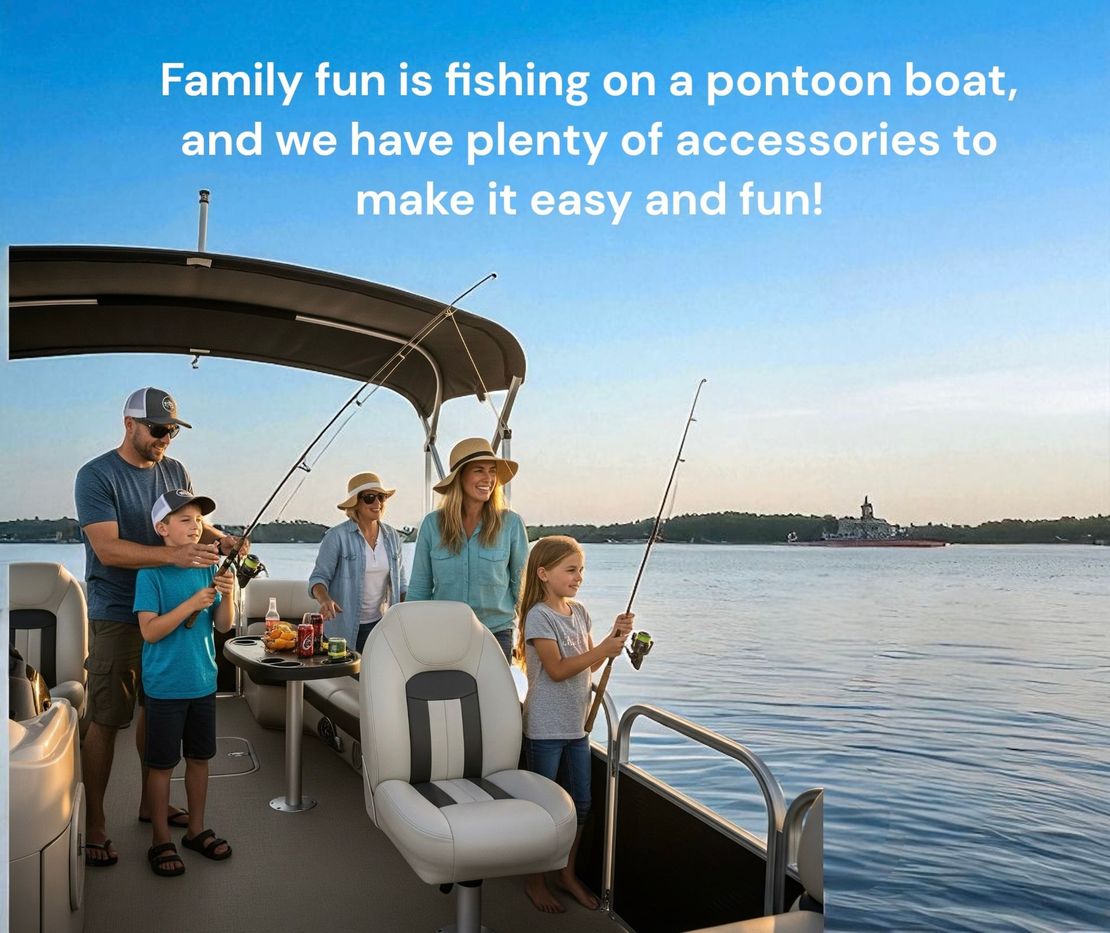 Family fishing on a pontoon boat at sunset, with rod holders and a covered seating area.