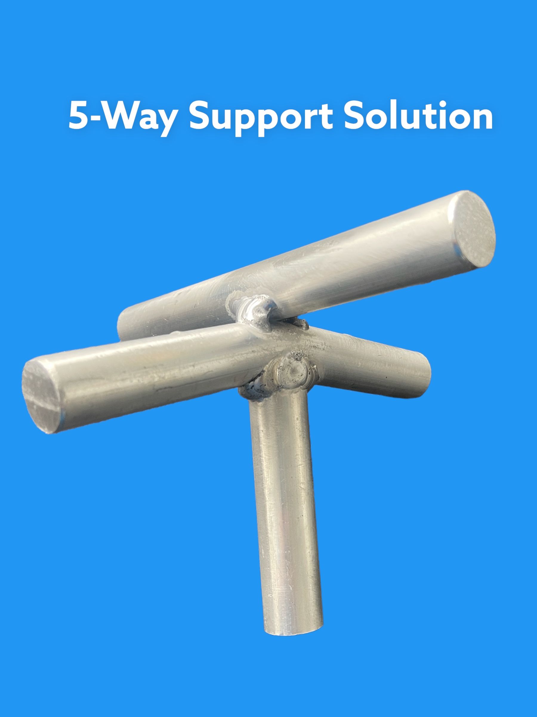 5-way support solution with silver metal poles on a blue background