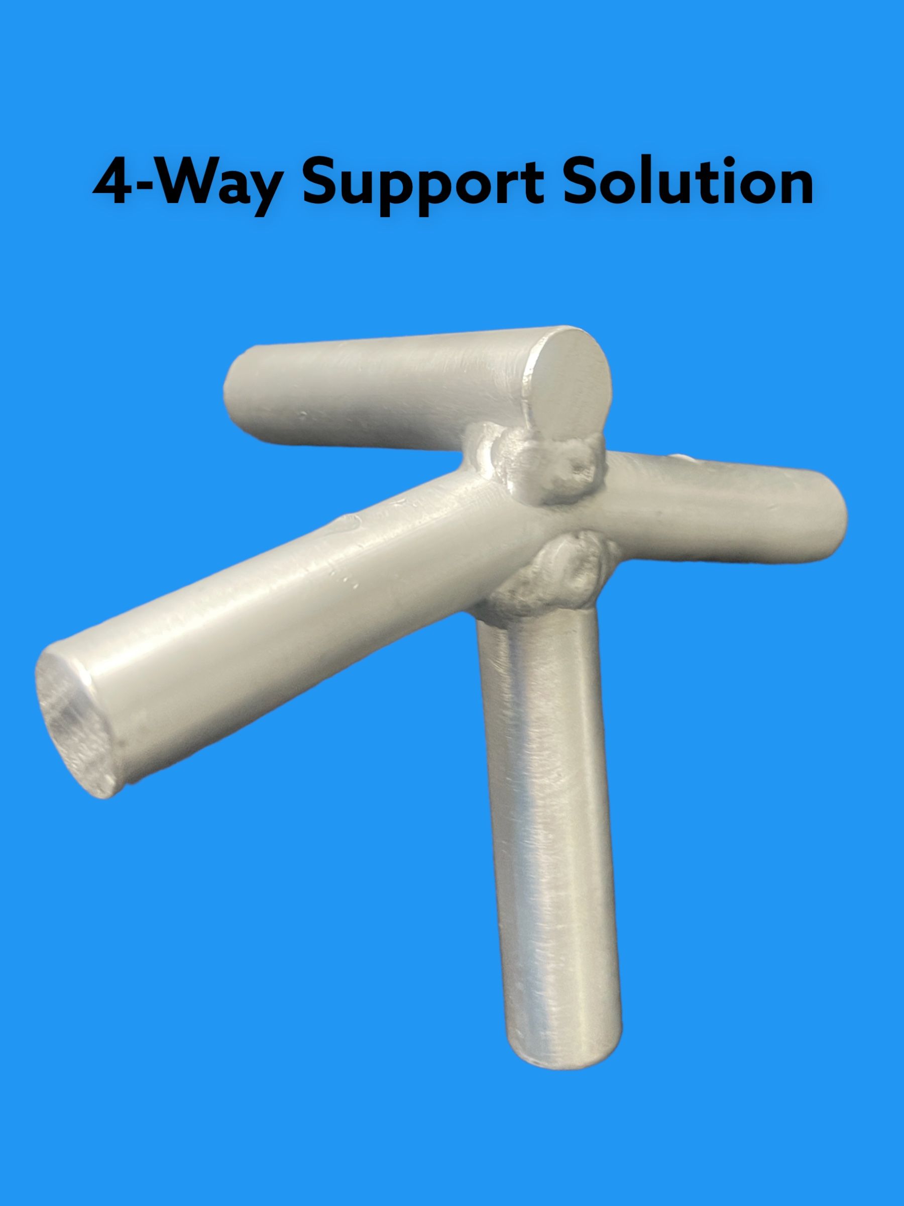 Blue metal 4-way support bracket with four cylindrical arms connected at the center