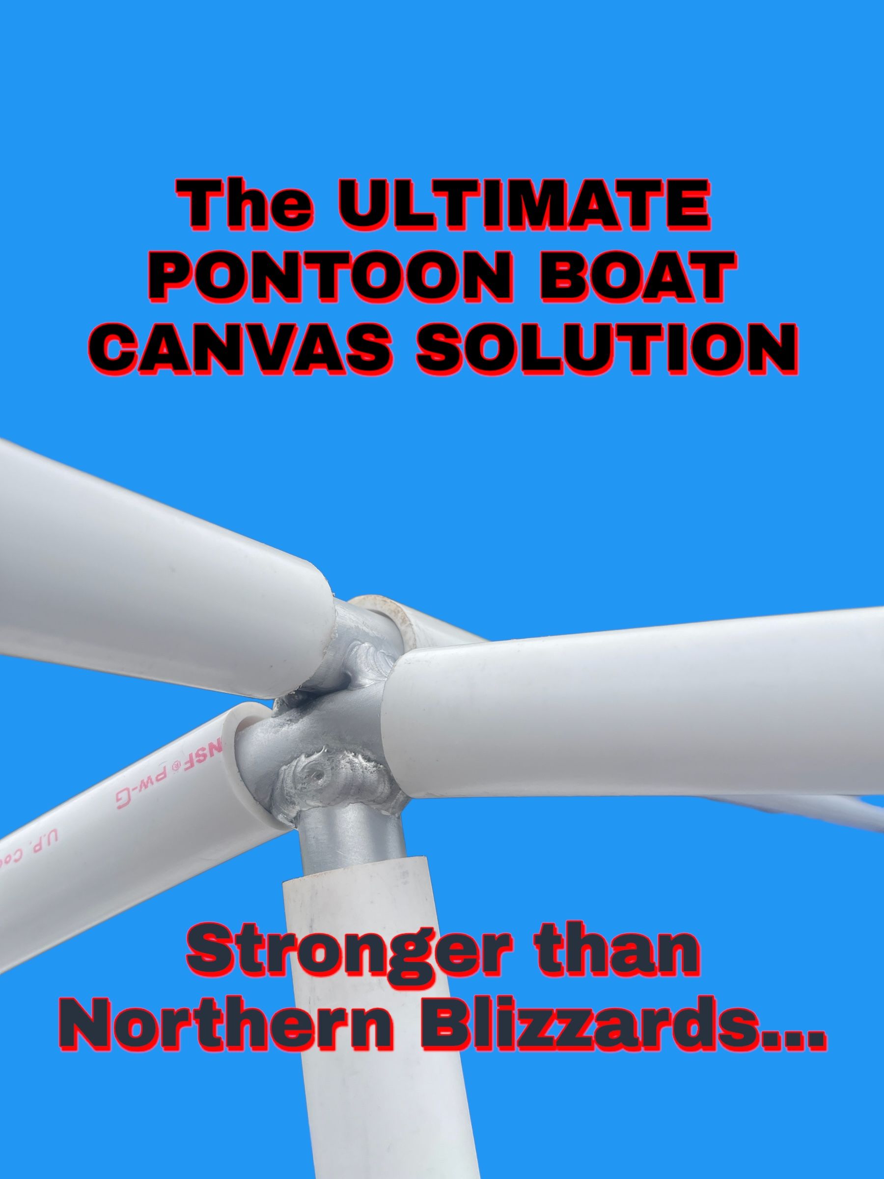 Advertisement for a pontoon boat canvas solution, with white straps on a blue background and bold text.